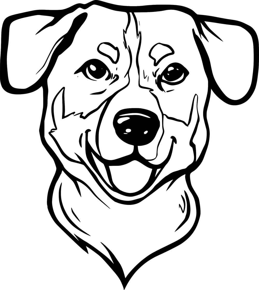 Umrisszeichnung eines lächelnden Hundekopfes mit hängenden Ohren und dunkler Nase.