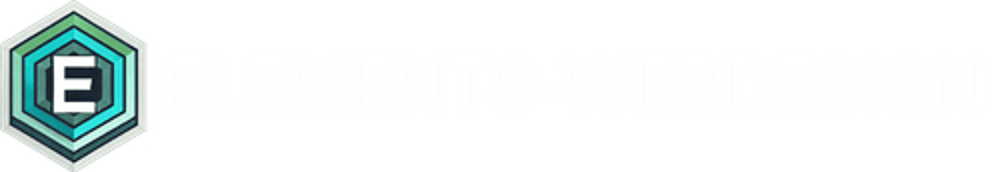 Logo mit einem türkisfarbenen Hexagon, das ein weißes "E" enthält, und dem Text "ELEMENTS-WEBDESIGN".