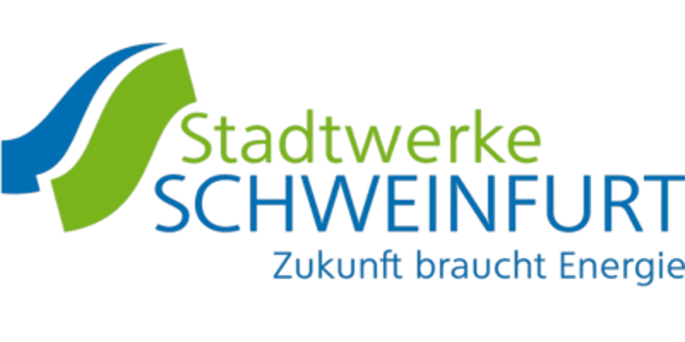 Logo Stadtwerke Schweinfurt: grüne und blaue Wellen, Text "Stadtwerke SCHWEINFURT" und "Zukunft braucht Energie".