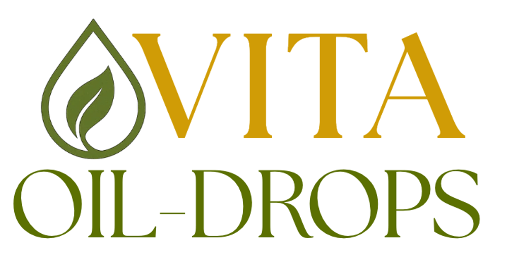 Logo: Grüne Öltropfenform mit Blatt und Text "VITA" in Gold, "OIL-DROPS" in Grün.