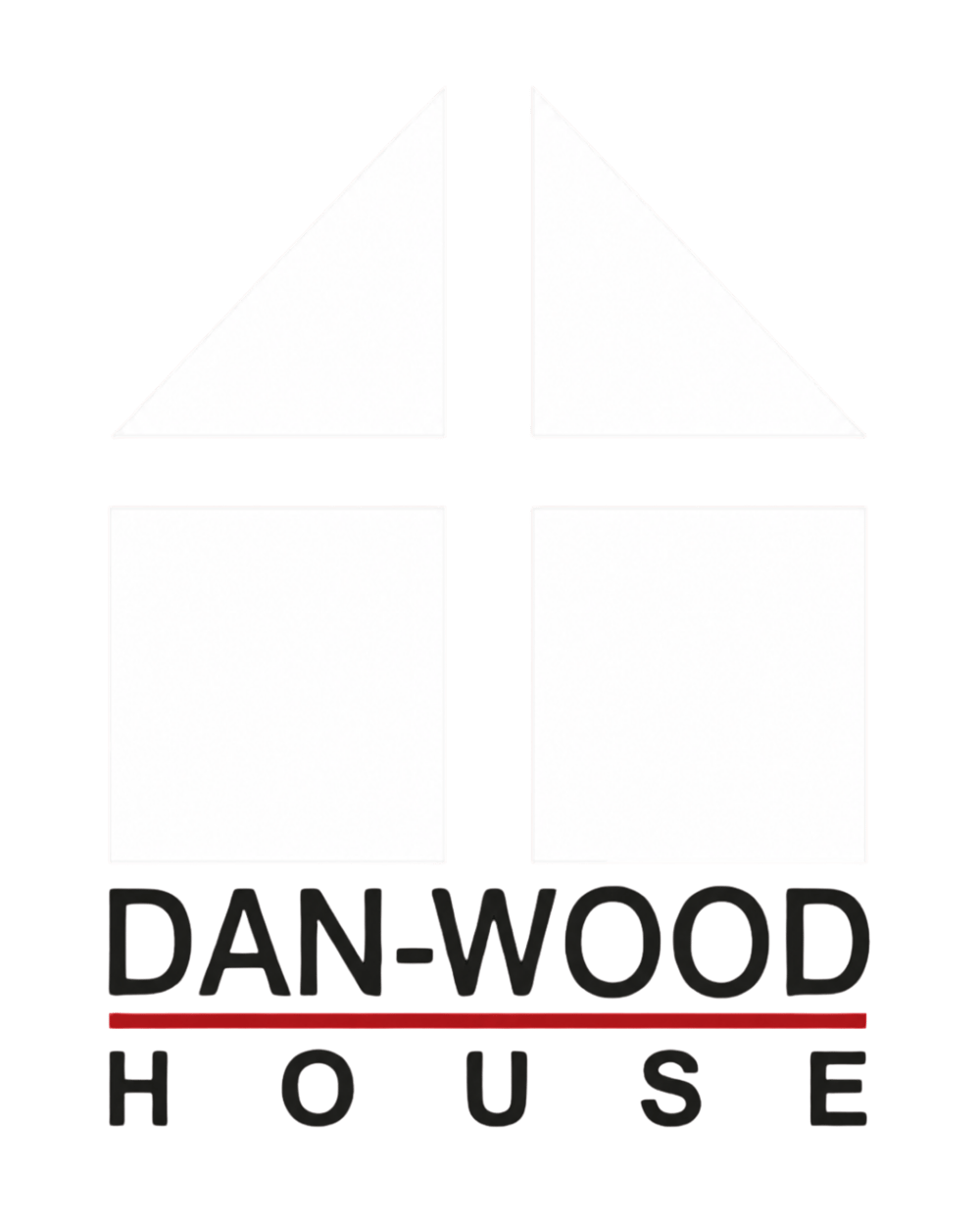 Logo von Dan-Wood House mit dem Umriss eines Hauses über dem Markennamen und einer roten Trennlinie.