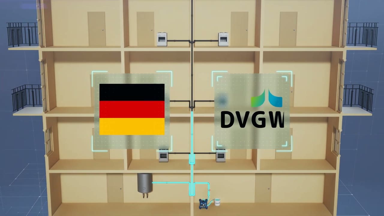 Animation: Leitungsnetz im Haus mit Deutschlandflagge und DVGW-Logo als Hinweis auf die Zulassung