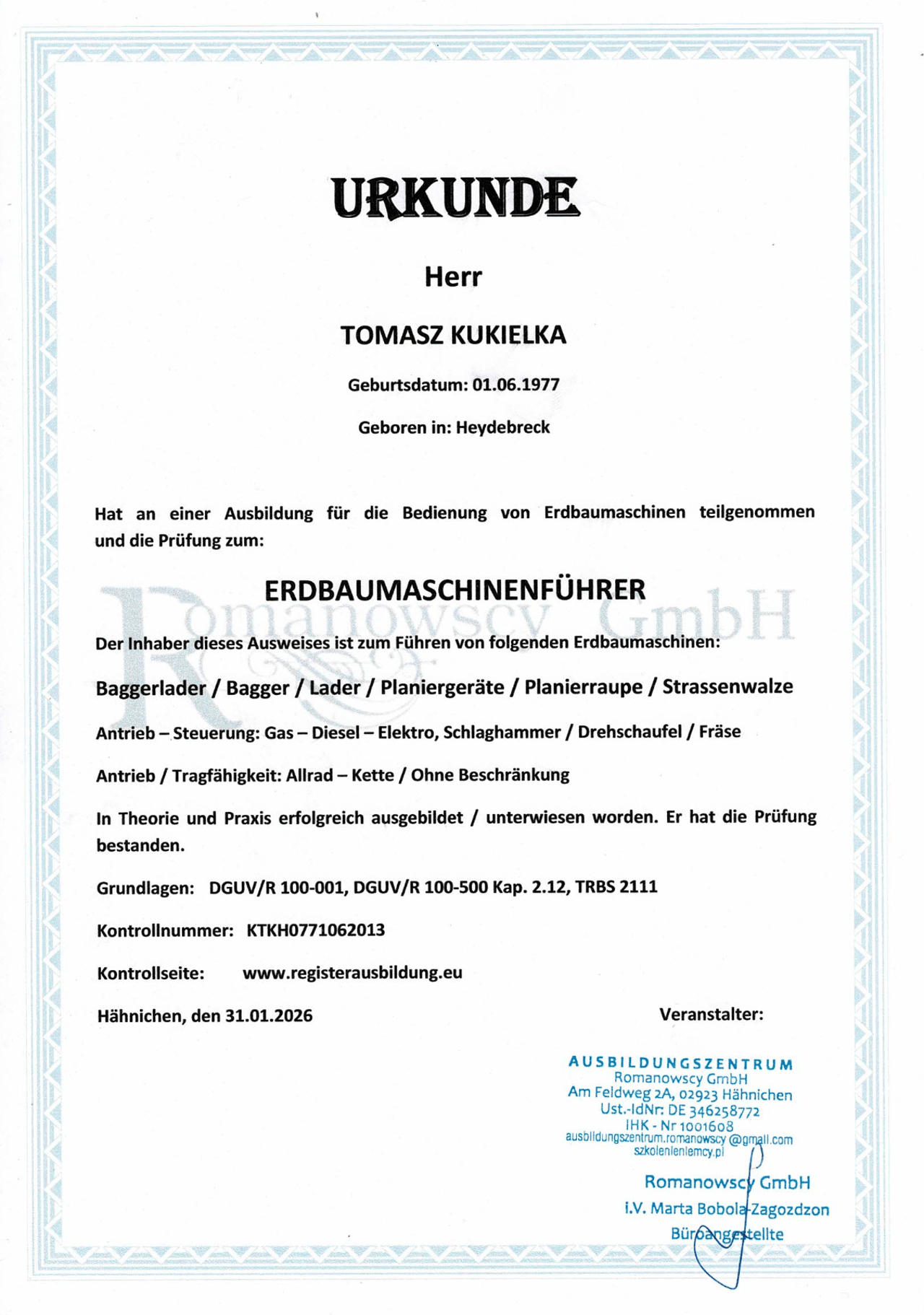 Urkunde Erdbaumaschinenführer