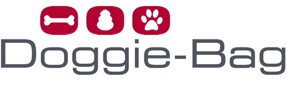Doggie-Bag-Logo mit Knochen, Kong-Spielzeug und Pfotenabdruck in roten Quadraten.