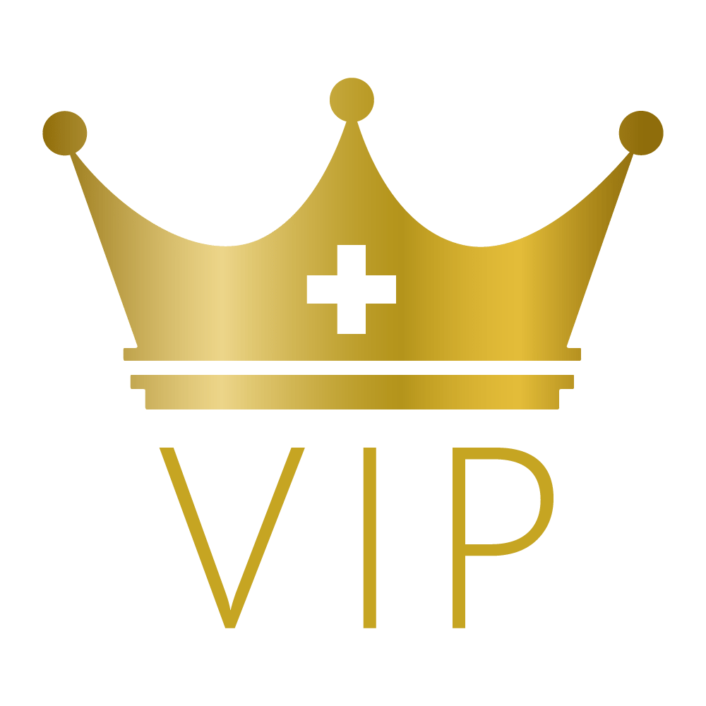 Goldene Krone mit weißem Kreuz und der Aufschrift „VIP“ auf dunkelgrünem Hintergrund.