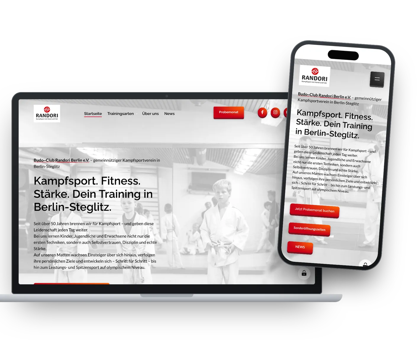 Website des Budo-Club Randori Berlin e.V. auf Laptop und Smartphone, Webdesign-Projekt von Marketing-SG