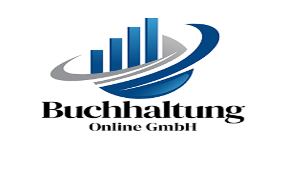 Blaues Balkendiagramm mit ansteigenden Säulen und umgebenden Bögen; Text: Buchhaltung Online GmbH.