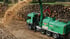 Grüner Holzhacker-LKW verarbeitet Holz zu Hackschnitzeln; großer Holzstapel im Hintergrund.