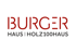 Logo von BURGER Haus mit Schriftzug BURGER HAUS | HOLZ100HAUS in Rot und Grau