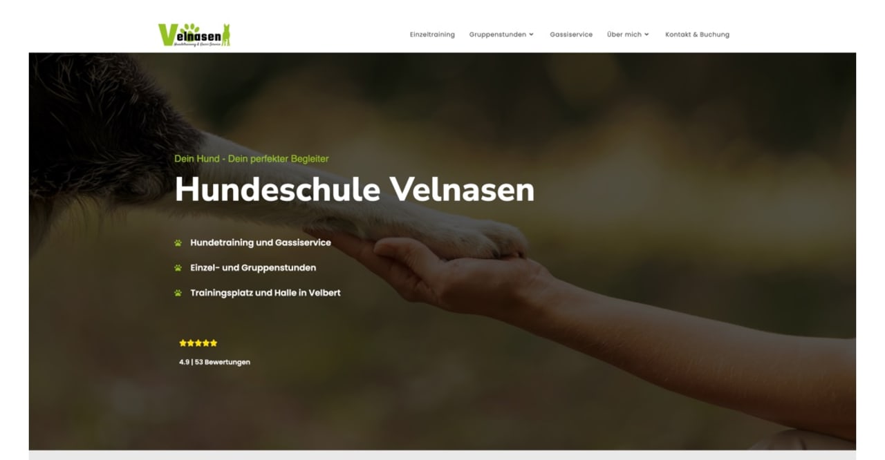 Startseite der von uns gestalteten Webseite der Hundeschule Velnasen