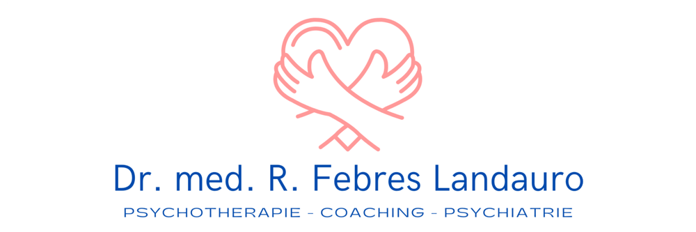Logo mit zwei Händen, die ein Herz umarmen, darüber „Dr. med. R. Febres Landauro PSYCHOTHERAPIE - COACHING - PSYCHIATRIE“.