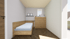 Modernes, minimalistisches Schlafzimmer mit Einzelbett aus Holz, Parkettboden im Fischgrätmuster und heller Kommode.