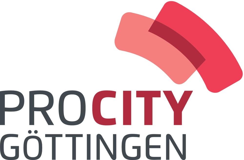ProCity Göttingen logo with dark gray text and two overlapping red abstract shapes.