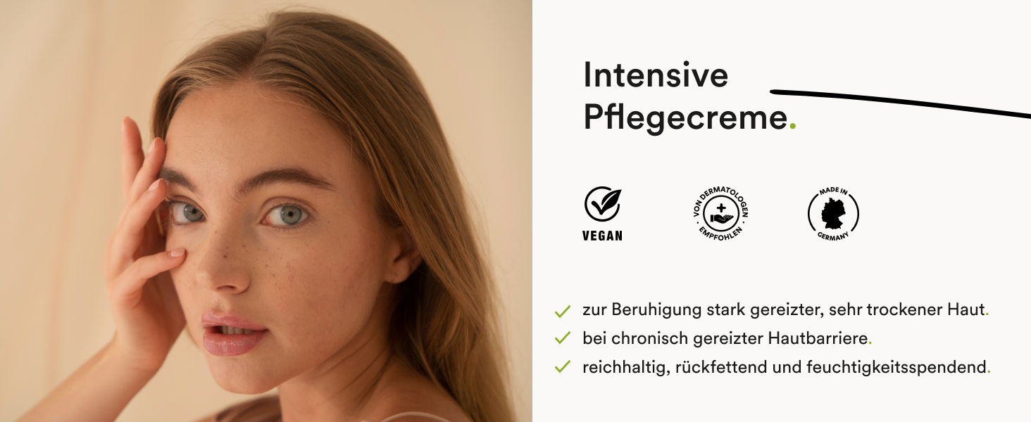 A+ Content Modul: Intensive Pflegecreme mit Siegeln vegan, von Dermatologen empfohlen und Made in Germany