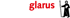 Roter Text "glarus" neben einer schwarzen Figur, die einen Stab und ein Buch hält.