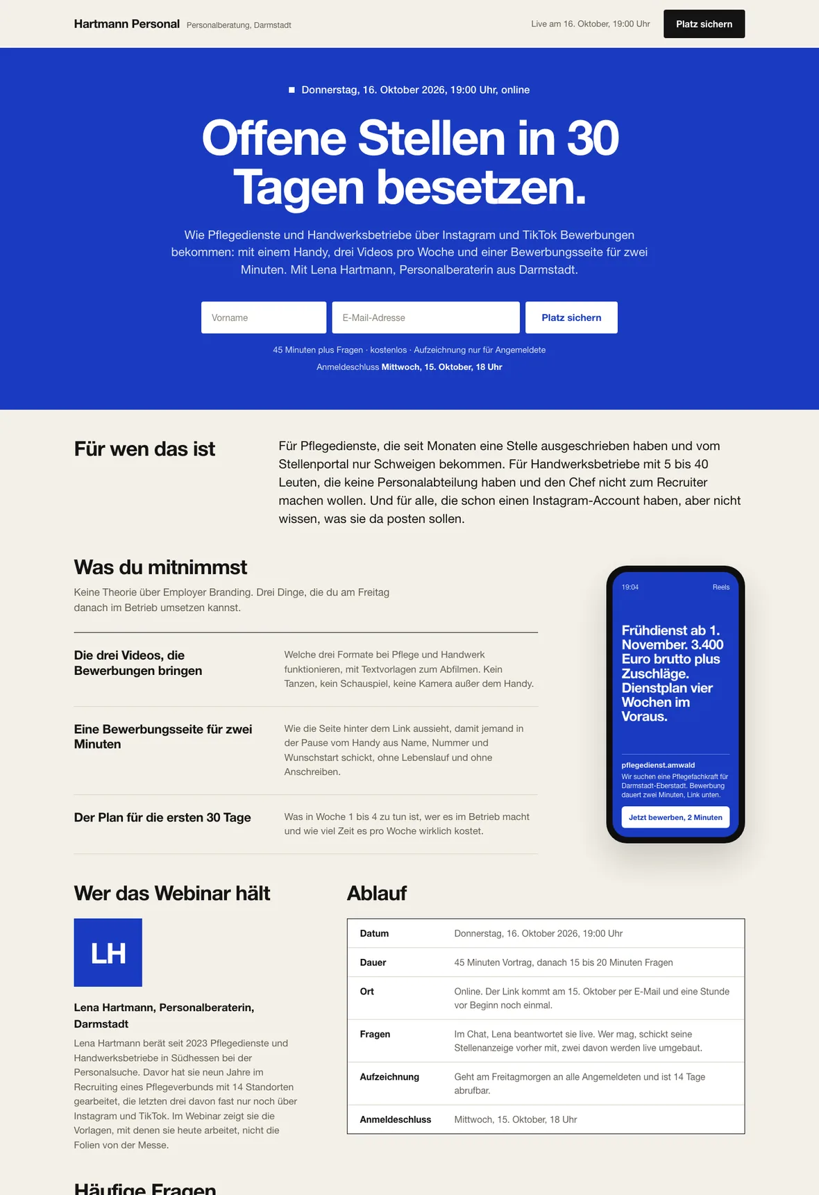 Beispiel: Anmeldeseite für ein Webinar mit Termin, Formular und Host