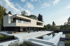Modernes Haus mit Flachdach, großem Pool und Terrasse, umgeben von Bäumen unter blauem Himmel.