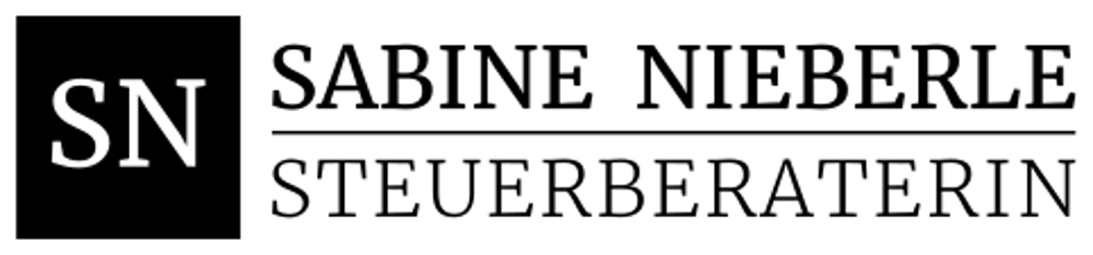 Monogramm "SN" in weiß auf schwarzem Quadrat und daneben "Sabine Nieberle Steuerberaterin" in Schwarz.