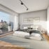 Modernes Schlafzimmer mit Doppelbett, Teppich, Deckenstrahlern und Zugang zum Balkon; Text: unverbindliche Visualisierung.