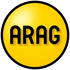 Gelbes, glänzendes Kreislogo mit schwarzem Rand und dem schwarzen Text "ARAG" in Großbuchstaben.