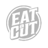 Graues "EAT a CUT"-Logo auf grünem Hintergrund, umgeben von einem Kreis.