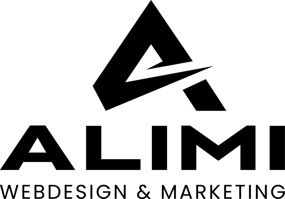 Alimi Webdesign & Marketing Logo: Weißes stilisiertes "A" über "ALIMI WEBDESIGN & MARKETING" auf grünem Hintergrund.