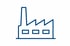 Blaues Icon einer Fabrik mit Schornstein und Sägezahndach auf weißem Hintergrund.