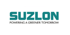 Suzlon Logo mit Text "SUZLON" in Türkis und "POWERING A GREENER TOMORROW" darunter.