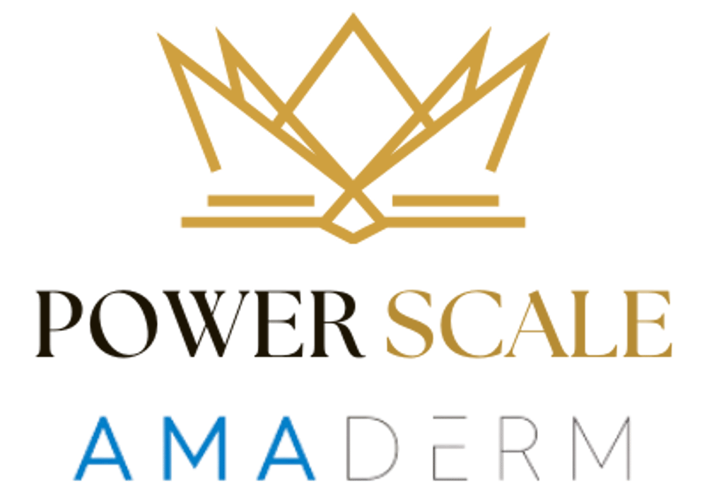 Logo mit goldener Krone über den Worten „POWER SCALE“ und „AMADERM“ in Blau und Schwarz.