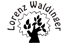 Logo mit dem Namen Lorenz Waldinger in einem Bogen über einer Baum-Silhouette auf schwarzem Hintergrund.
