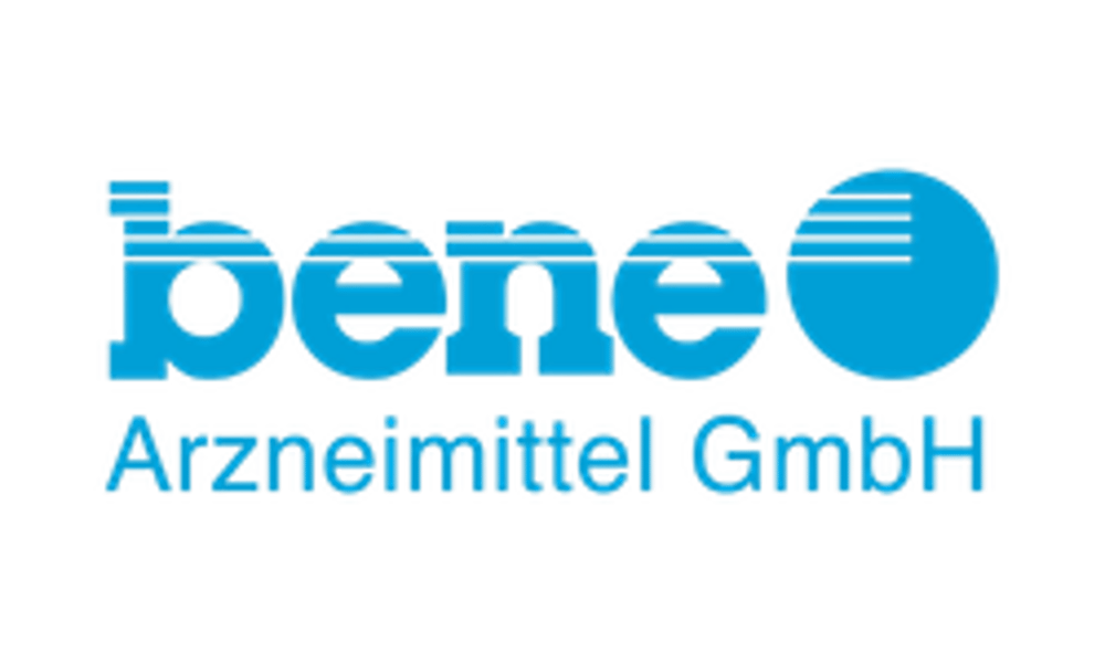 Blaues beneo Arzneimittel GmbH Logo auf dunklem Hintergrund.