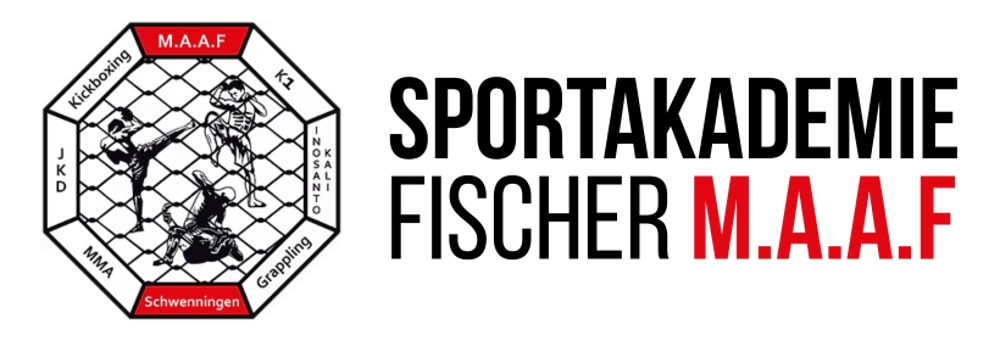 Logo der Sportakademie Fischer M.A.A.F. mit achteckigem Käfig, der Kampfsportler und Disziplinnamen zeigt.