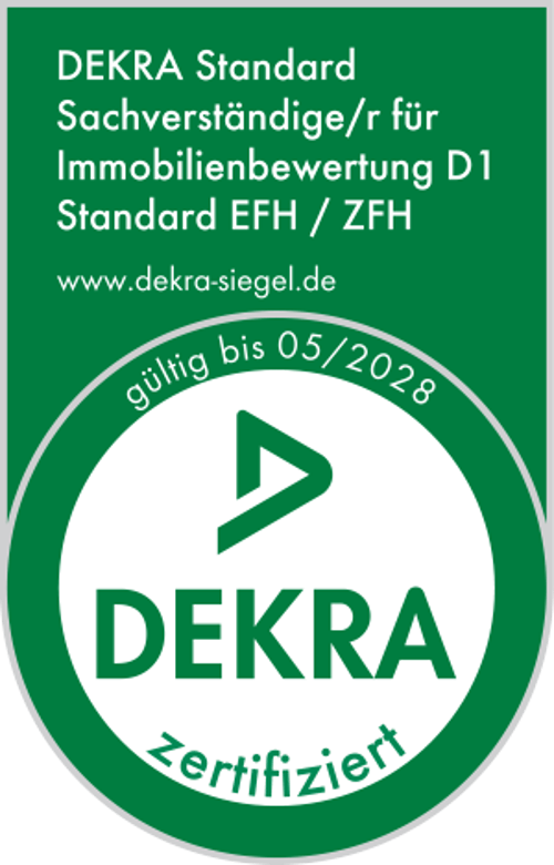 DEKRA-Siegel: Sachverständiger für Immobilienbewertung D1, Standard EFH/ZFH, gültig bis 05/2028