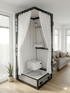 Moderne Duschkabine mit weißen Vorhängen und tragbarer Toilette in einem Wohnzimmer.