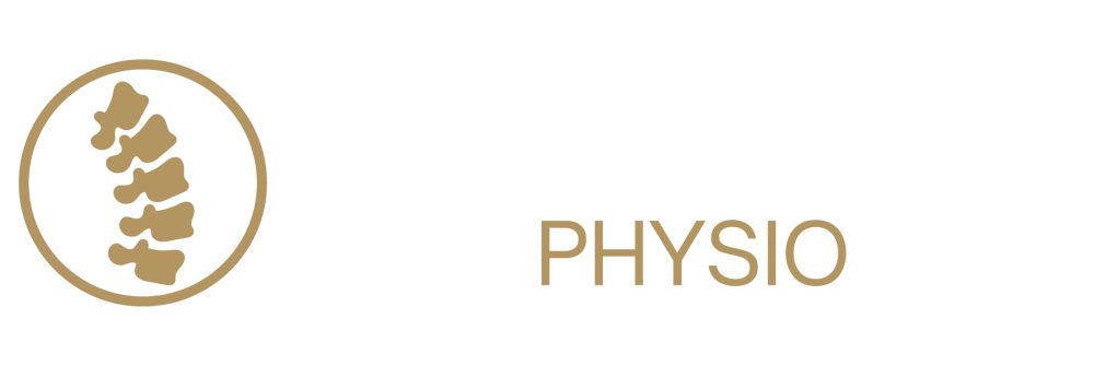 Logo: Goldene Wirbelsäule in Kreis, daneben weißer Text "THERAPIER", darunter "this is PHYSIO".