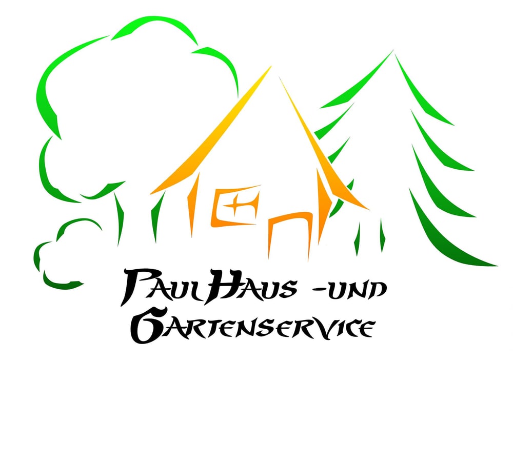 Paul Haus- und Gartenservice Logo: Gelbes Haus, grüne Laubbäume und Nadelbaum.