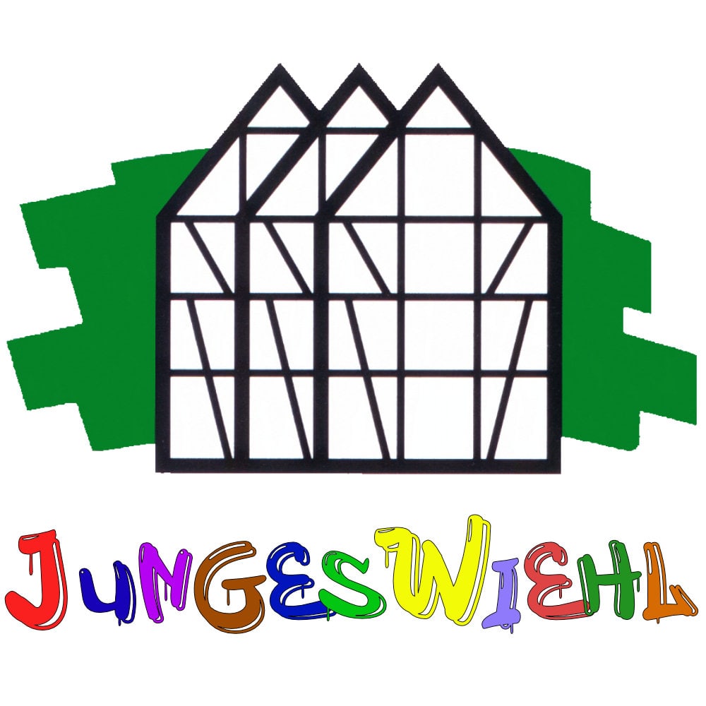 Logo mit schwarzen stilisierten Fachwerkhäusern vor grünem Hintergrund und dem bunten Graffiti-Schriftzug Junges Wiehl.