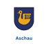 Wappen von Aschau mit goldenem Schwan mit stilisiertem Flügel auf blauem Schild, darunter der Text "Aschau".