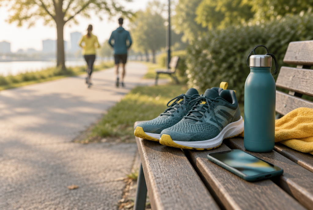 Laufschuhe, Trinkflasche und Smartphone auf einer Parkbank am Morgen