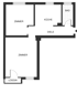 Grundriss einer Wohnung mit zwei Zimmern, Küche, Bad, Diele und einer Loggia.