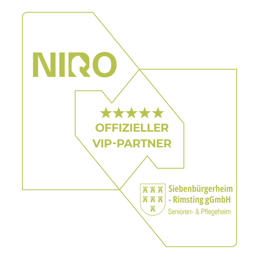 NIRO Logo mit der Aufschrift „OFFIZIELLER VIP-PARTNER“ und fünf goldenen Sternen über dem Firmenlogo „Siebenbürgerheim – Klausenburg gGmbH Senioren- & Pflegeheim“.