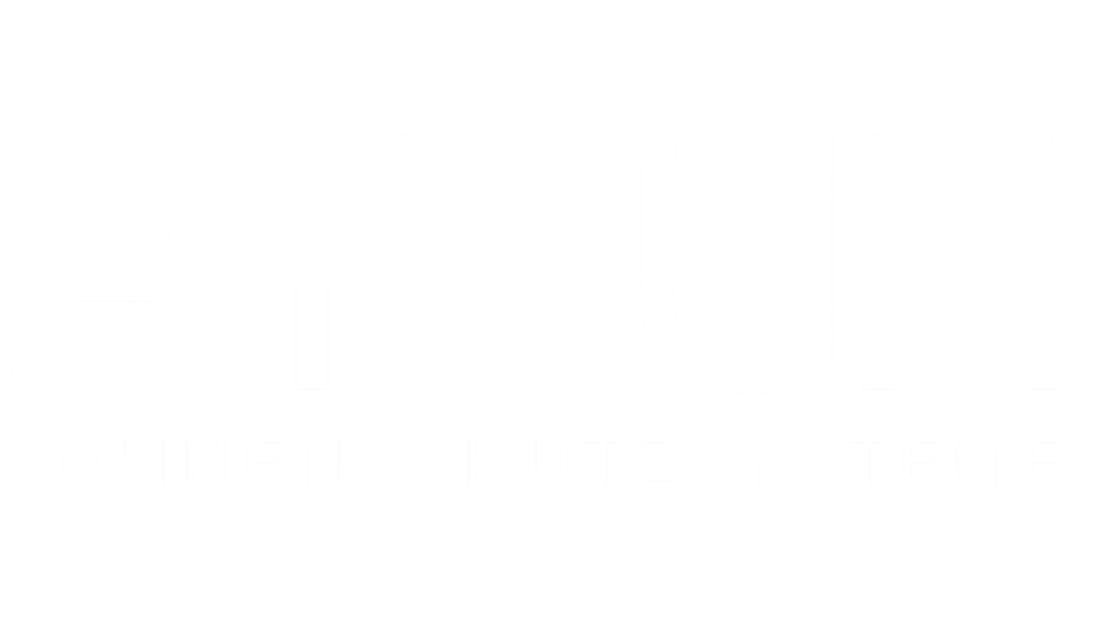 AYLUX® SONNENSCHUTZSYSTEME Logo in Weiß auf dunkelgrünem Hintergrund.