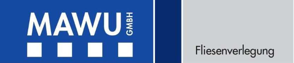 Logo der MAWU GmbH Fliesenverlegung mit vier weißen Quadraten auf blauem und grauem Hintergrund.