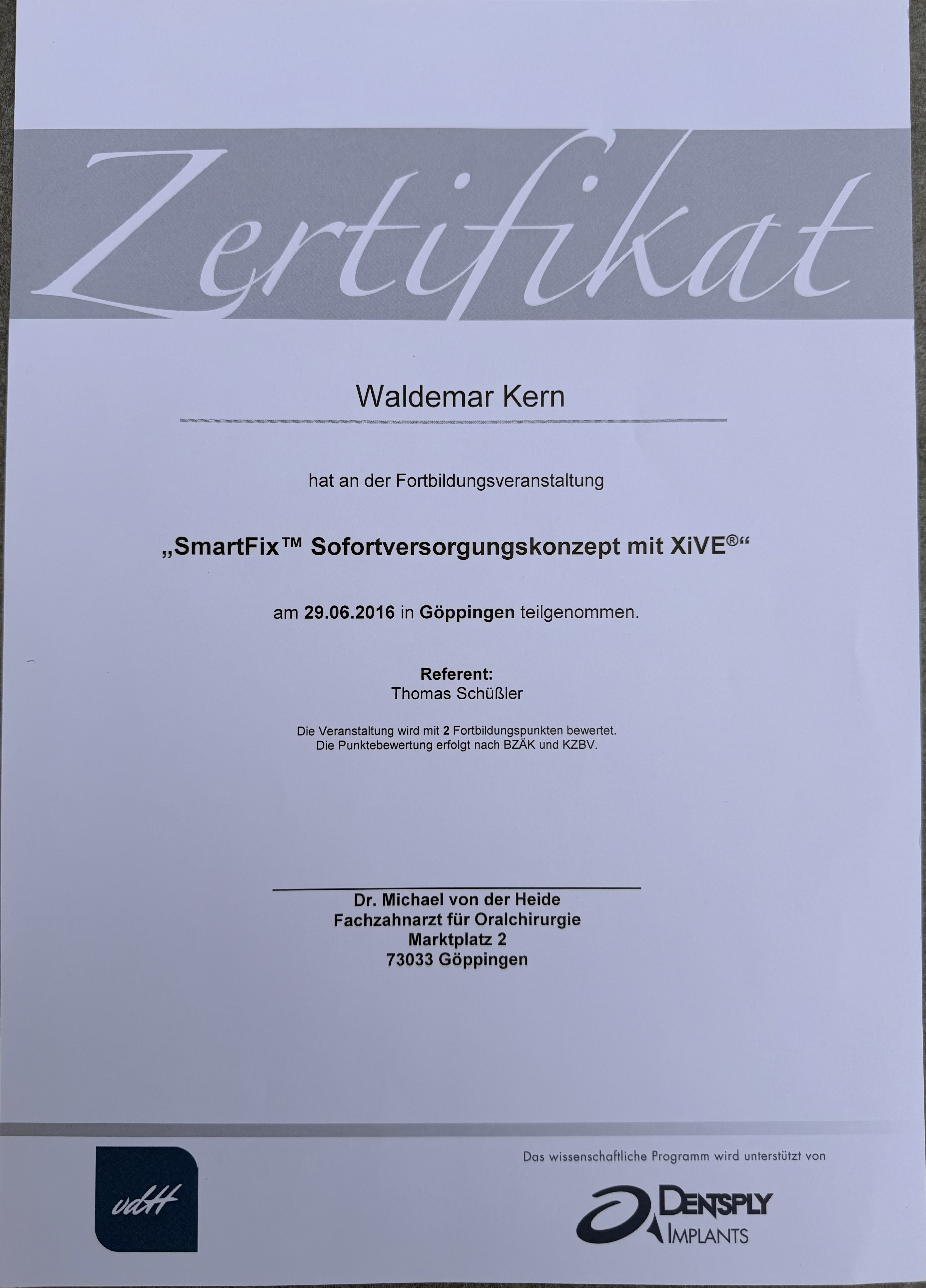Fortbildungszertifikat 2 von ADU-Dental