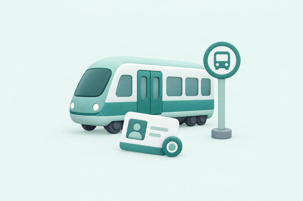 Illustration: Ausweis mit runder Marke vor Regionalzug und Haltestellenschild