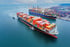 Zwei beladene Containerschiffe liegen in einem Industriehafen mit Kränen und gestapelten Frachtcontainern am Ufer.