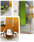 Modern clinic waiting area with green and white chairs.

