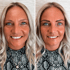 Blonde Frau vor und nach einer Augenbrauenbehandlung, die Augenbrauen sind dunkler und voller.