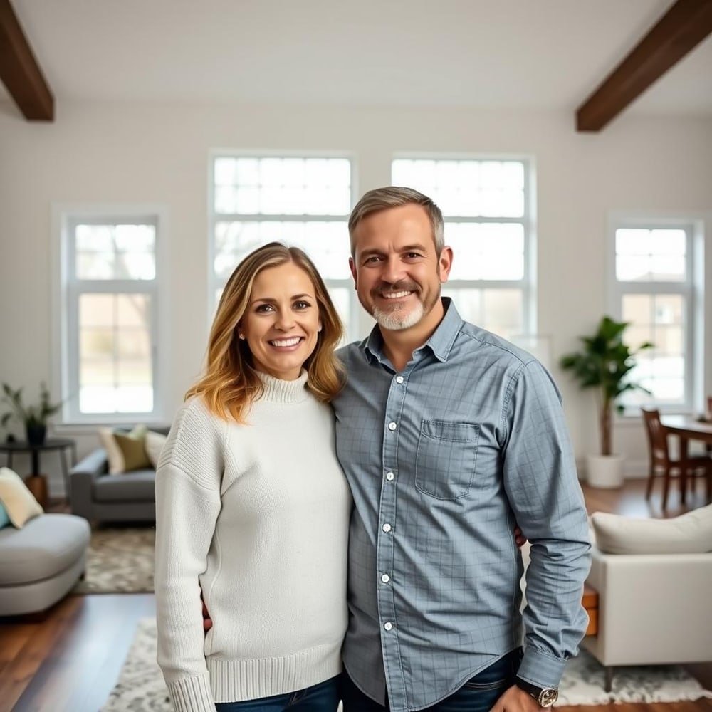 Ein lächelndes Paar steht in einem modernen Wohnzimmer mit großen Fenstern und Holzbalken.