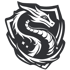 A black and white dragon with a sleek head and winding body inside a shield outline.